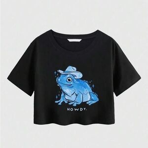 ROMWE Black Tee with Blue Frog Design howdy cowboy country funny crop top